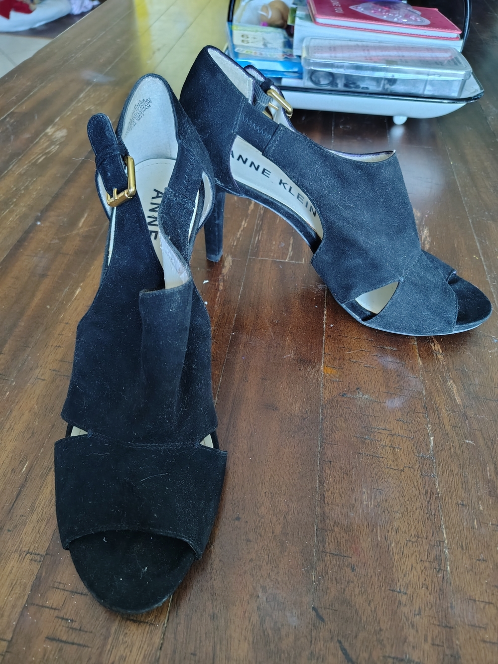 Anne Klein Black Suede Peep-Toe Heels